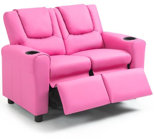 AVAWING Kids Recliner Chair, Double Kids Sofa Chair w/Cup Holder PU Leather, Toddler Loveseat Couch w/Adjustable Footrest & Headrest for Boys Girls 3+ Age Group, Pink