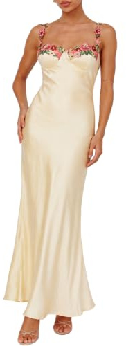 Realtix Satin Spaghetti Strap Floral Maxi Dress for Women Wedding Guest