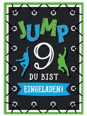 Minkocards 6 Einladungskarten zum 9. Kindergeburtstag Junge Mädchen Jump Trampolin Einladungen neunte Geburtstag