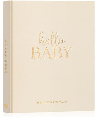Lanpn Hello Baby First 5 Year Memory Book for Boy Girl - Linen Hardcover Baby Book Keepsake for New Parents - Newborn Baby Journal Scrapbook Photo Album Baby Milestone Book (Beige, 154 Pages)