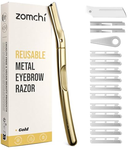 ZOMCHI Cuchillas dermaplaning facial con 11 cuchillas para mujeres y hombres, recortadora de cejas con tapa protectora de silicona, maquinilla de afeitar para cejas, Oro mate