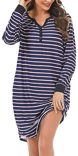 Nieery Camicia Notte Manica Lunga Donna Cotone Bottoni e Scollo a V Camicia da Notte Invernale a Righe con Tasche Stile D 3XL