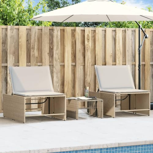 LAPOOH solstolar 2 st. med bord, beige poly rotting, trädgårdsstol, solstol, solstol, solö utomhus, liggande, trädgårdsmöbler, badstol, relaxstol – 368426