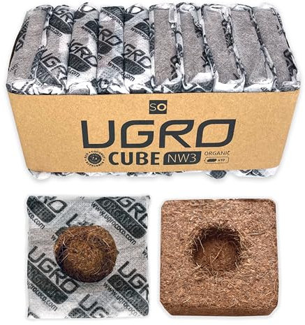 UGro Cube NW3 Organic 400ml, Cubo de sustrato de Coco 100% orgánico. 10 Unidades de Fibra de Coco comprimido, sin turba y sin plástico. Listo para Cultivar Plantas de Corta duración o Temporada.