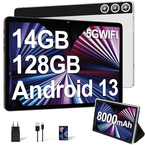 DMOAO Tablet 10 Pulgadas con 14GB RAM 128GB ROM, Android 13 Tablet con 5G Wi-Fi, Octa-Core 1TB Ampliable, Cámara 8MP+5MP, 8000mAh USB-C, BT5.0/GPS/OTG, Plata
