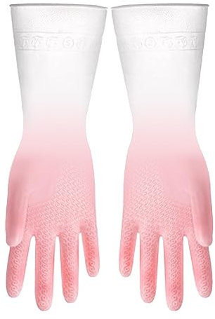Aramox Kitchen Gloves Reusable Tight Fit for Dishwashing Sturdy (White Pink)