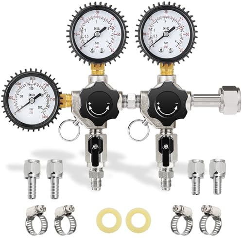 FERRODAY CO2-Regler mit zwei Systemen, Dual-Ausgang CGA-320 CO2-Regler für Kegerator, CO2-Tankdruckregler zur Steuerung von 2 Bierfässern mit 2 x 1/4 Zoll Widerhaken und 5/16 Zoll Widerhaken