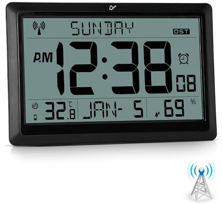 Sukeen Radio Controlled Wall Clock Desk Clock UK Version, 10.6 LCD Digital Wall Clock Battery Operated with Seconds, Temperature, Humidity, Date, Alarm Clock, DST for Home Kitchen Office School
