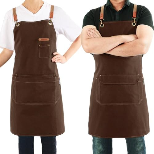Magimate Canvas Apron with Pockets and Cross-back Straps for Chef Kitchen Cooking BBQ, Barista Bartender Barber Shop and Art Gardening Work Professional Aprons - Brown