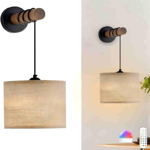 E27 Wandleuchten Kabellos Akku Wandleuchte mit Fernbedienung Innen Vintage Flur Wandlampe mit Stoffschirm Aufladbare Dimmbare Wandleuchte für Wohnzimmer, Schlafzimmer und Treppe (1 Stücke)