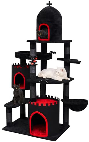 YARUOMY Gothic Cat Tree Castle, 68.9in Black Tall Cat Tower with Coffin Cat Bed, Spacious Cat Condo for Large Cats, Scratching Posts, Spider Hanging Ball,Basket,Cat Ball Track Toy