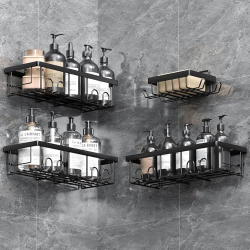 AceMining 4 Pack Noir Rangement Salle de Bain, Etagere Salle de Bain, Etagere Douche Adhésifs, Rangement et Organisation avec Crochets, Douche sans Percage
