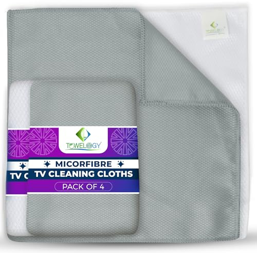 Towelogy® Microfibre TV Cleaning Cloth | Non Abrasive and Lint Free | Premium Screen Cleaner Cloths | Safe To Use On OLeds, LEDS and Flat Screens | Microfibre Cloths for TV Screens (Grey/White)