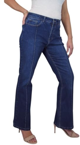 Paulo Due Women's Flared Pintuck Stretch Denim Jeans Indigo Dark Fade (14)