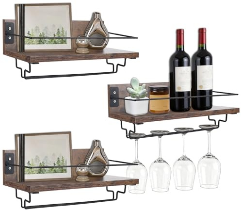 Oungy 3 Pack Wall Mounted Wine Rack, 15x38cm Wine Shelf Hanging Floating Shelves Wine Glass Holder, Wine Glass Rack Floating Shelf with Stemware Hanger for Home, Kitchen, Bar (Rustic Brown)