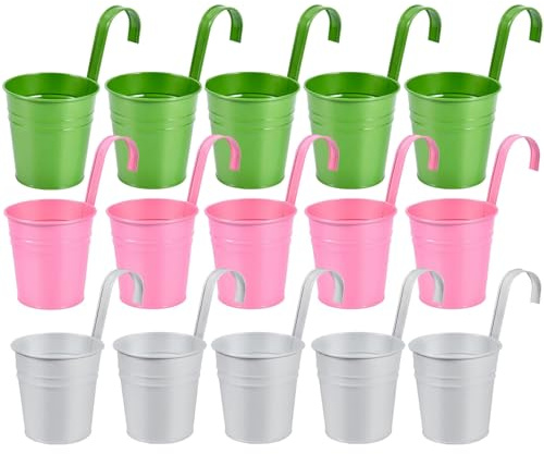 QIODAZOO Flower Pots Metal, 15 x Hanging Planters with Drainage Hole for Plant, Flower, Balcony Home Decor, Detachable Hook (3 colours, 15 pcs)