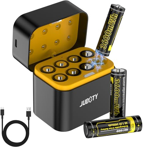 8Stück AA Wiederaufladbare Lithium Akku mit Ladegerät - 3600mWh Hohe Kapazität Langlebig 1.5V AA Batterie mit Intelligent Charing Aufbewahrungsbox für Xboxx Controller, Kamera, Bilink Videotür usw