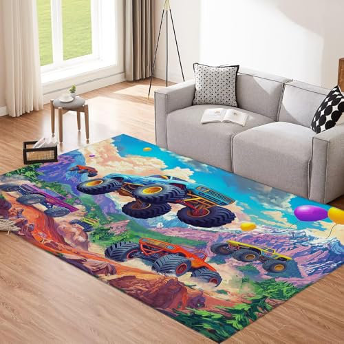 CEDNXOER Zeichentrickfilm Auto Teppich Groß,Einfache Pflege Kurzflor Waschmaschinenfest Türkis Teppich, 140x200cm Verträumtes Tal Druck Bodendekoration Teppiche FüR Wohnzimmer,Kinderzimmer