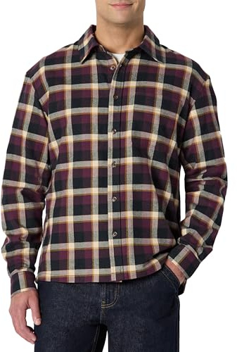 Amazon Essentials Men's Relaxed-Fit Long-Sleeve Flannel Shirt, Dark Burgundy Black Check Plaid, M
