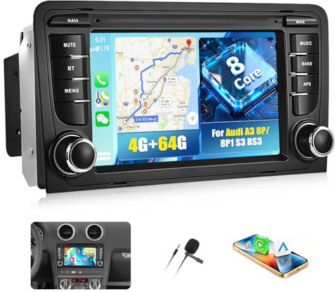 CAMECHO 4G+64G 8 Core Android 15 Autoradio para Audi A3 8P/8P1 S3 RS3 Sportback con Navi Carplay Android Auto, 7 Pulgadas Pantalla Doble DIN autoradio con Bluetooth5.0 FM/RDS 32EQ DSP SWC