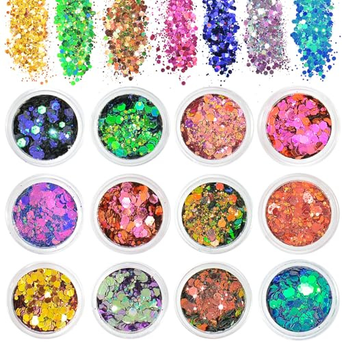 ALIIP Chunky Glitter, 12 Färggranna Lysande Festivalglitter med Gel, Ansiktsglitter, Nagelglitterpulver, Holografiskt Kosmetiskt Glitter för Ansikte, Kropp, Ögon, Hår, Nagel och DIY-Konst #01
