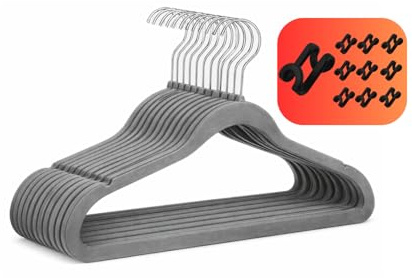 OnTheGo. Kleiderbügel Samt, 50er Set, rutschfest, mit 10 Verbindungshaken Samt, 360° drehbarer Haken, 0,5 cm dick, platzsparend, 44,5 cm lang, für Hemden, Kleider, Anzüge, Grau
