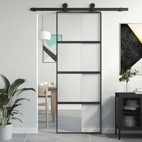 Mokuyary Porta scorrevole in vetro temperato e alluminio nero 76 x 205 cm porta scorrevole in vetro per bagno soggiorno cucina nero medio smerigliato 76 x 205 cm