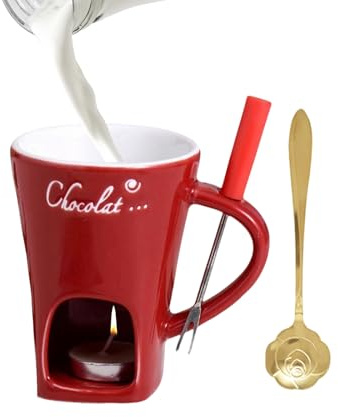 Fangfhai Fondue-Tasse, kleiner Warmertopf mit Gabel und Löffel, Schokoladenschmelzbecher, für Käse, Karamell, Marshmallows, Süßigkeiten, Weihnachten, Valentinstag, Geburtstag