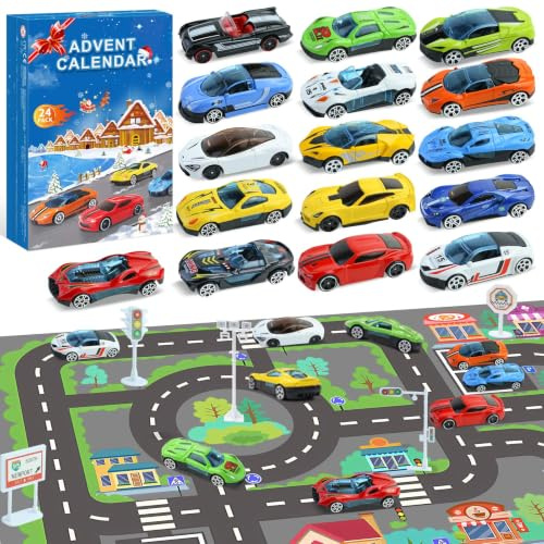 Adventskalender 2026 Kinder Autos Mini Racers Sportwagen Spielzeug | 24 Tage Weihnachts-Countdown-Kalender fur ab 3 Jahren Jungen Mädchen mit Rennstrecken-Spielmatte