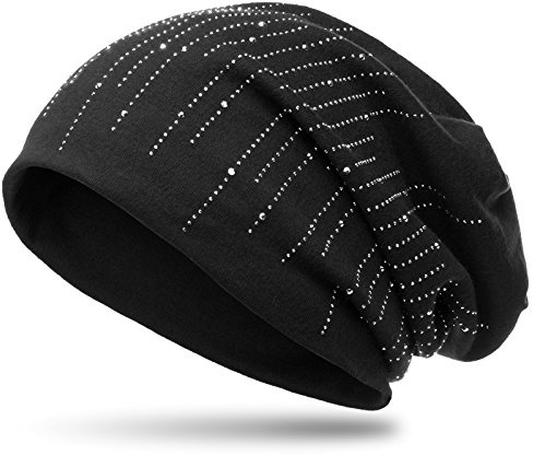 Caspar MU142 Beanie Mütze mit stylischen Strass Streifen und warmem Flanell Stoff, Farbe:schwarz, Größe:One Size