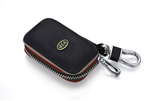 YIKA Echtes Leder Autoschlüssel VIP - Logo Etui Holder Tragbar Auto Schlüssel Tasche KFZ Schlüssel Kette Coin Holder Zipper Case Fernbedienung Wallet Tasche (Schwarz)