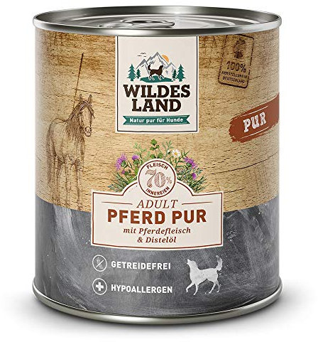 Wildes Land - Nassfutter für Hunde - Pferd PUR - 6 x 800 g - mit Distelöl - Getreidefrei & Hypoallergen - Extra hoher Fleischanteil von 70% - Beste Akzeptanz und Verträglichkeit