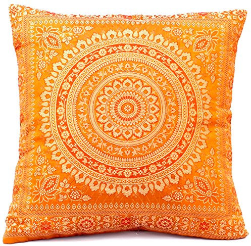 Ruwado Handgewebt und Handgefertigt Indische Banarasi Seide Dekokissen, Kissenüberzug, Kissenhülle, Kissenbezug, Zierkissenbezug - Mandala Muster 40 x 40 cm | 16 x 16 Zoll, Ocker