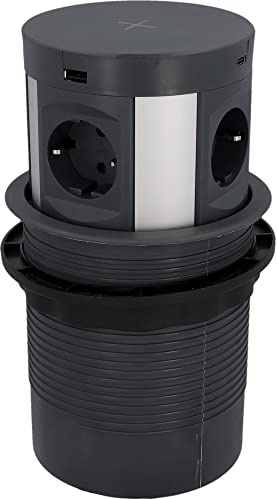 Blaupunkt Tischsteckdose PushUp 4-fach, 2-fach USB-A + 2-fach USB-C , mit induktivem Laden, Anthrazit, 2 Meter