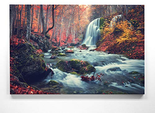 BilderKing Wald Leinwand, Motiv – Wasserfall im Herbst - als 90x60cm großes Leinwandbild. Ein wunderschönes Wandbild als Hintergrund und Deko für Wohnzimmer & Schlafzimmer. Aufgespannt auf Holzrahmen