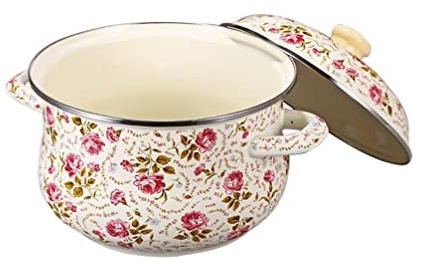 Cabilock Suppentopf Schmortopf Emaille Suppe Kochtopf Emaile Schüssel Mit Deckel Doppelohr Blumen Muster Emaille Chinesische Stil Retro Knetschüssel Multifunktional Schüssel für Kochen