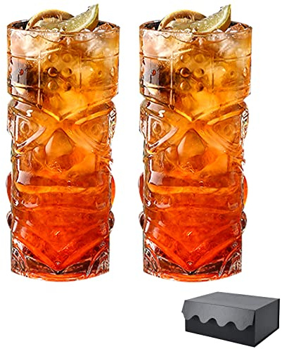 YBCPACK Lot de 2 verres Tiki de style hawaïen, 414 ml, verres à cocktail pour boissons alcoolisées, cocktails, boissons, eau, jus ou thés glacés