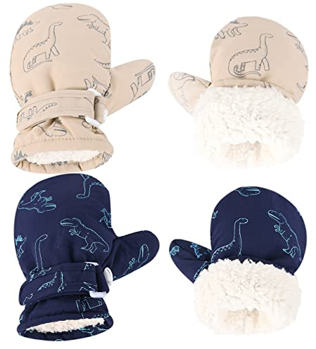 Weradau Fleece Lined Mittens for Baby Boys Girls,Baby Toddler Little Kids Winter Gloves Mittens - 2 Pair Pack (4-6 years, 2pairs - khaki & Dark blue)
