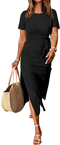 ANRABESS Women's 2025 Summer Maxi Tshirt Dress Short Sleeve Crewneck Tie Waist Casual Slim Fit Slit Spring Long Beach Dresses Black Small