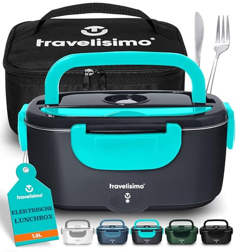 TRAVELISIMO Scaldavivande Elettrico Portatile 80W 1,5L Porta Pranzo Termico 220V/12V/24V Scalda Vivande Portatile Elettrico per Viaggio e Lavoro Portavivande Termico & Porta Pranzo Riscaldabile