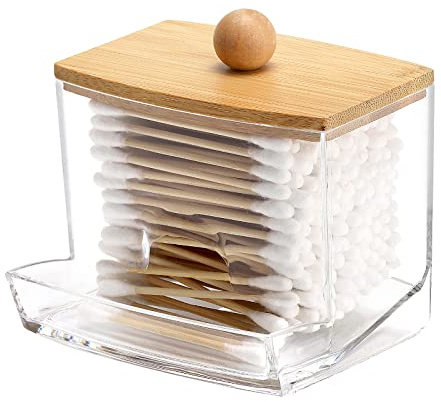 Tbestmax 10oz Qtip Holder Dispenser with Bamboo Lids, Big Clear Bathroom Organizer Accessories Decor for Storage-Qtips Cotton Ball Holder Apothecary Jars, Cotton Swabs, Floss Container