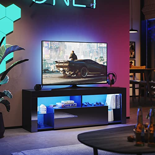 SUNXURY Meuble TV LED noir 140 cm avec éclairage LED 16 couleurs avec étagères en verre brillant 140 x 35 x 50,5 cm