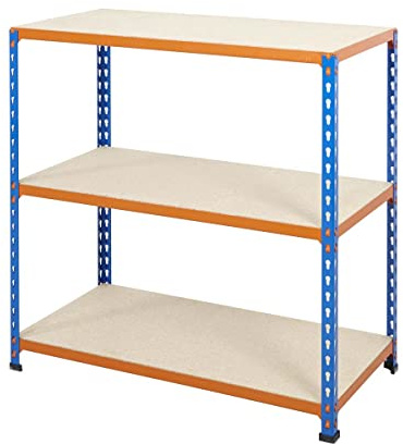 BiGDUG 3 Tier Compact Shelving Unit with Chipboard Shelves - Up to 200kg Load Per Shelf - 91.5h x 122w x 45.5d cm - Blue/Orange Premium Powder Coated Steel Racking - Adjustable Shelves