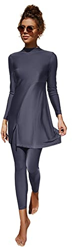 IWEMEK Femmes Burkini Modeste Maillot de Bain Rashguard Manches Longues Robe de Bain Top + Pantalon Couverture complète Deux Pièces Mid East Arabic Islamic Beachwear Gris Bleu 02 L