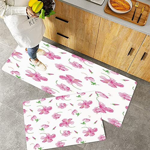 Küchenteppich Teppich Läufer Küchenläufer 2 Stück rutschfest,Blumen, Hibiskusblüten auf normalem Hintergrund Dekorative Blumenmuster Landhausstil Dekor, Waschbar für Flur Küche 40 x 100 cm+40 x 60 cm