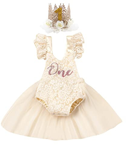 Bébé Filles Mon 1er Premier Anniversaire Robe Tutu Manches Volants Dentelle Barboteuse Photographie Tenue Bandeau à Couronne Cadeau Abricot 12-18 Mois
