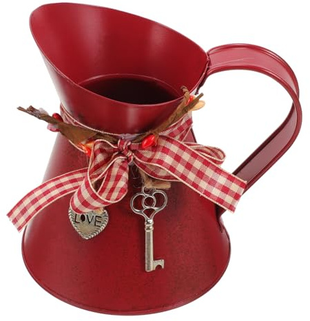 Uonlytech Rustic Chics Vase Galvanized Metal Pitcher Flower Holder Vintage Milk Jug Farmhouse Planter Vase for Home Kitchen Bathroom Decor Dark Red