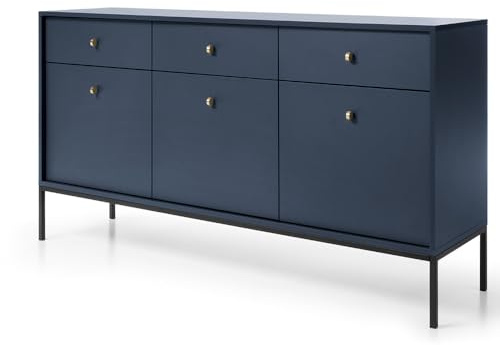 Kommode Sideboard 154cm in blau, Fußgestell schwarz, Griffe goldfarben