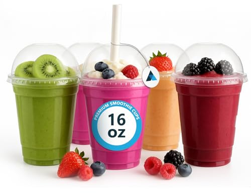 Nationwide Paper 50pcs 16oz Clear Plastic Smoothie Cups with Dome Lids, Ideal for Milkshake Juice Sweets & Thick Shakes Ice Cream Cups for Bar & Restaurants (475ml)