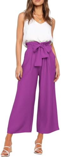 FANCYINN Damen Sommer 2-Teiliges Outfit Jumpsuit Festlich Hochzeit Lang Hosenanzug Rundhals Ärmellose Tanktop Gekürzte Weites Bein Hose Playsuit Weißes Oberteil & Violett Hose M